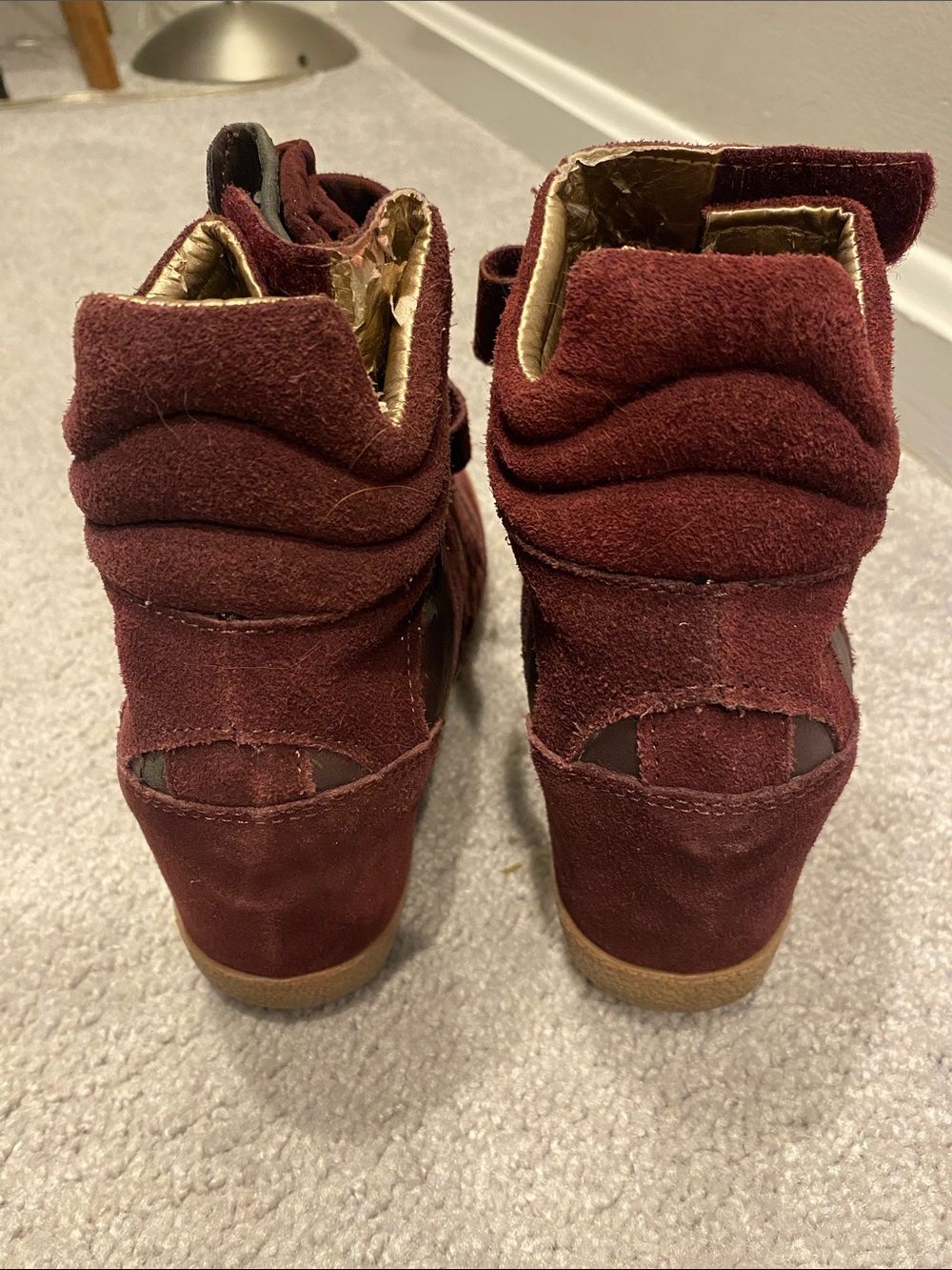 Steve Madden Burgundy Suede Wedge Sneaker with Gold Accent - Picture 2 of 5